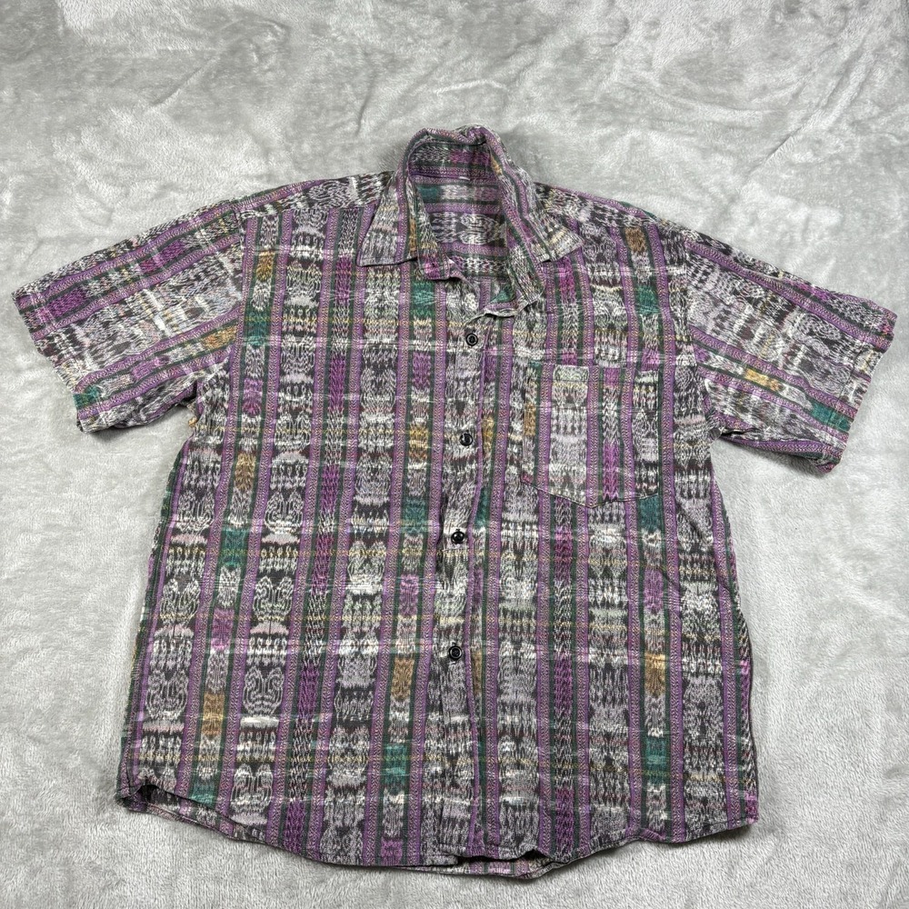 Vintage Aztec Shirt Men Large Purple Geometric Button Up Tribal abstract Woven